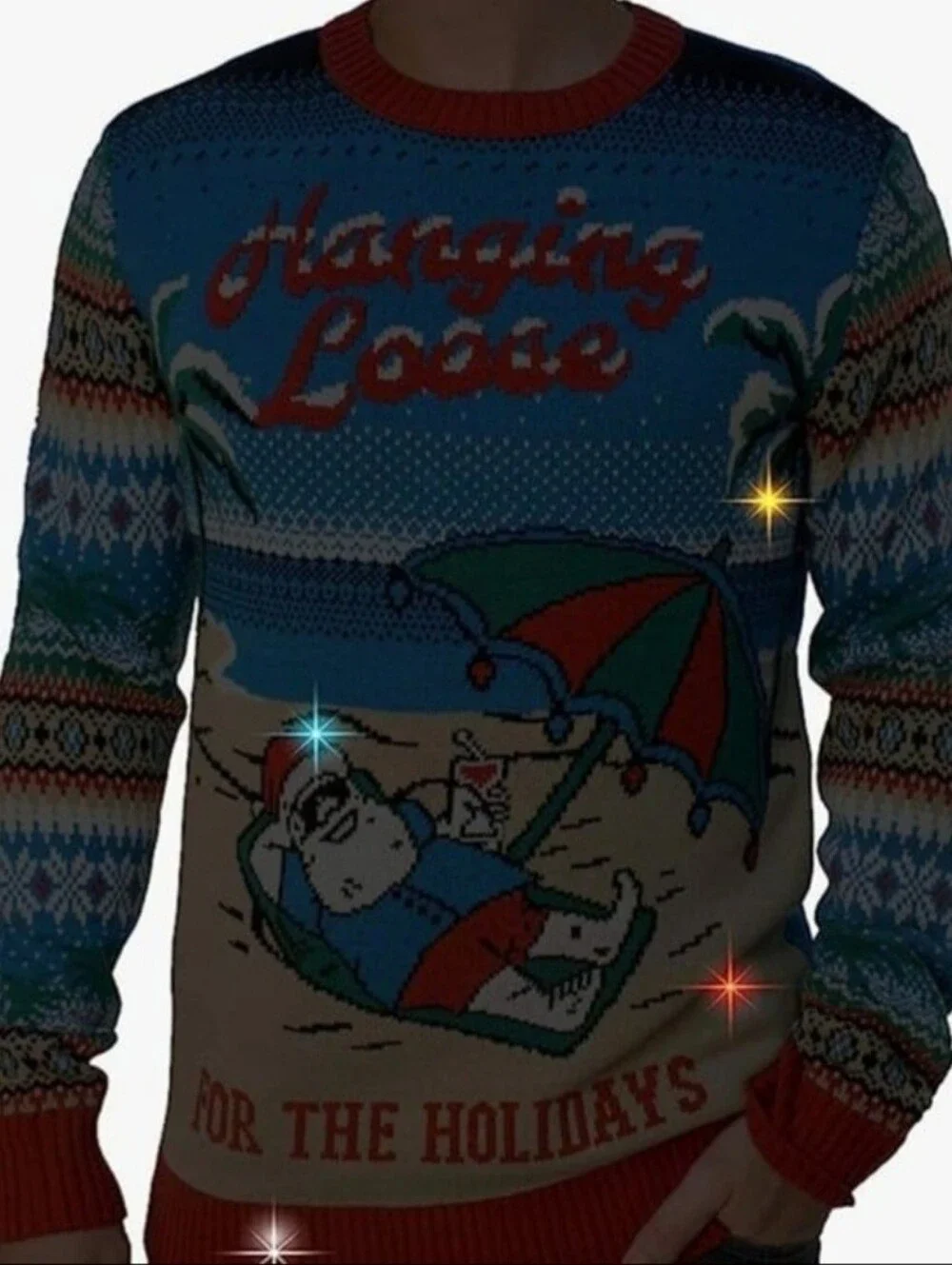 Ugly Christmas Sweater Blue 'Hanging Loose For The Holidays' Lightup Sweater